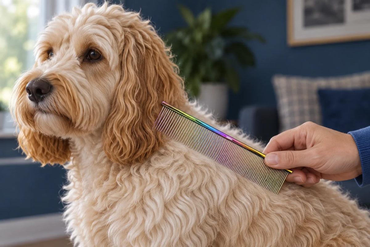 A pet parent holds the VUNRO Lux coarse-and-fine comb against a Cockapoo's dry shoulder coat.