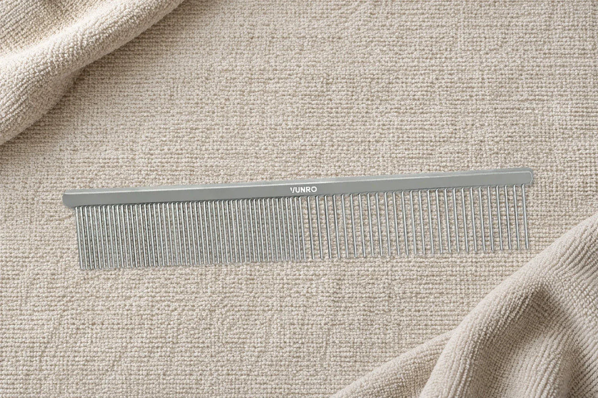 Original VUNRO silver coarse and fine comb on a clean woven cloth, showing the exact pin arrangement