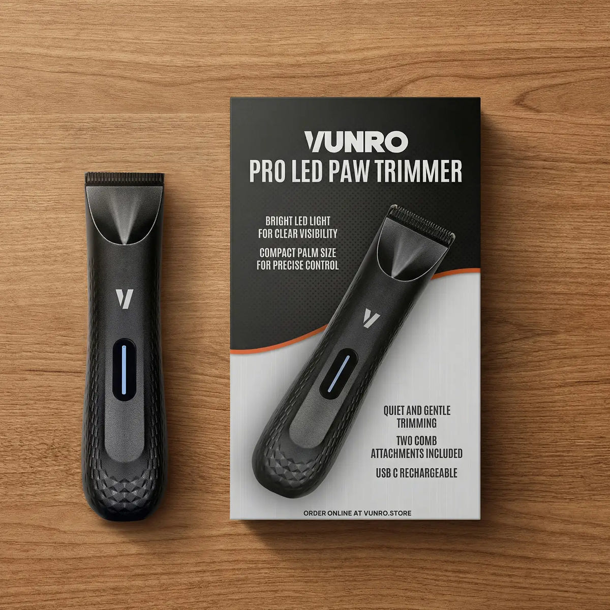 PawTrim PRO LED trimmer beside its retail box