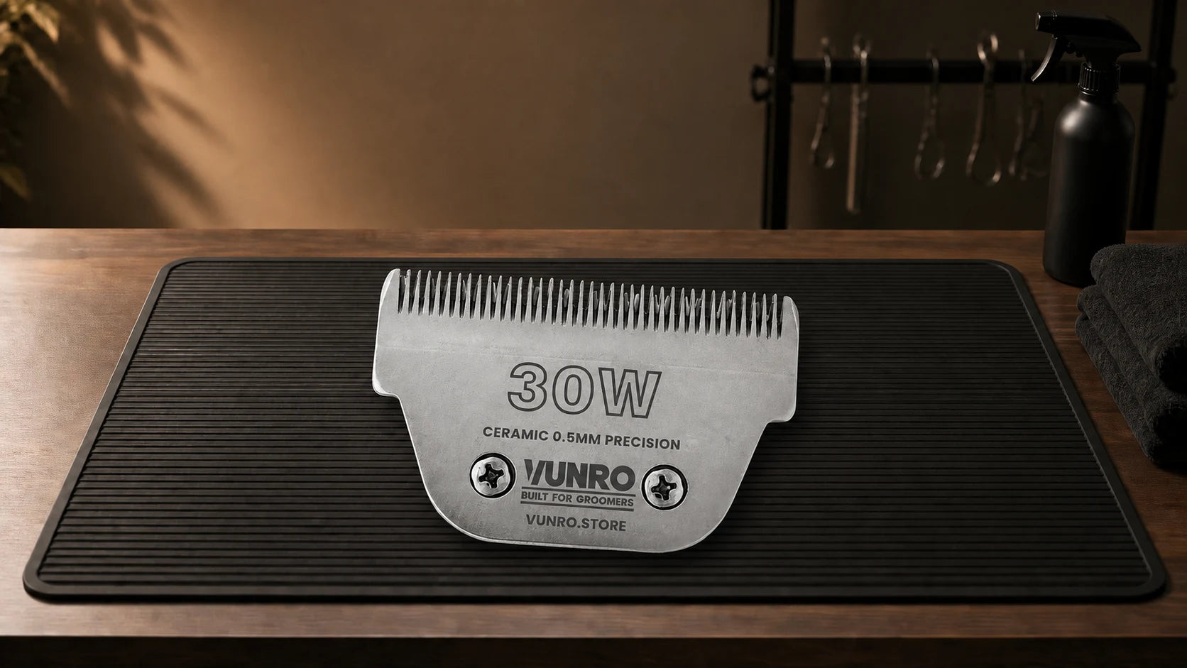 #30W Ceramic Dog Clipper Blade (0.5 mm) resting naturally on the VUNRO grooming workbench